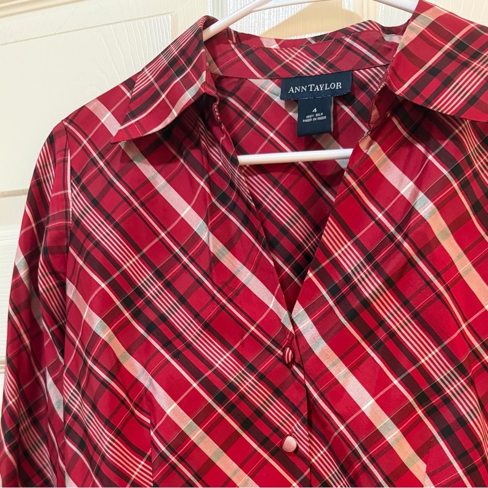 Ann Taylor Red and White Plaid Silk Shirt
